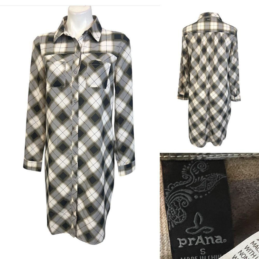 Prana Maxi Shirt Size S olive‎ green Womens Nautical Plaid Snap Front western -8